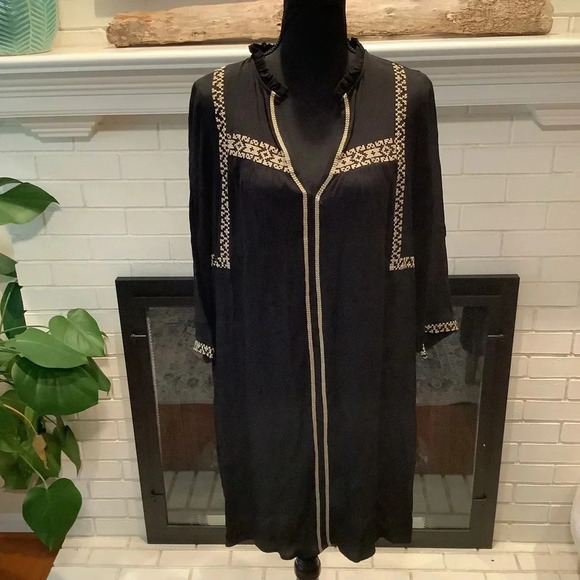 #340 See You Soon Black Dress with Tan Embroidered Sleeves and Front Size Medium - Picture 1 of 9